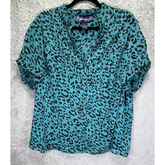 Susan Graver Style 2X Short Sleeve Top Sheer Blue Black Jaguar Pleated Buttons - Picture 1 of 10